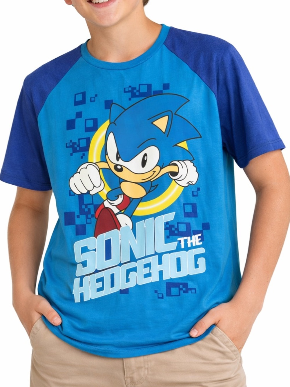 Sonic the Hedgehog Boys 14/16 Graphic Tee Blue Raglan Shirt SEGA Gamer Top